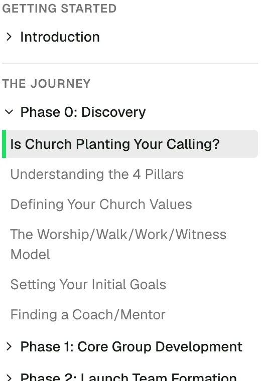 The wiki chapter 'Is Church Planting Your Calling?' with the Phase 0 reading list and reading progress in the sidebar.