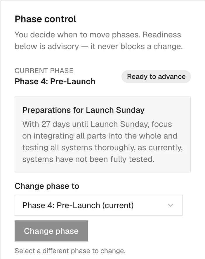 Phase control — you decide when to move phases; readiness is advisory and never blocks a change.