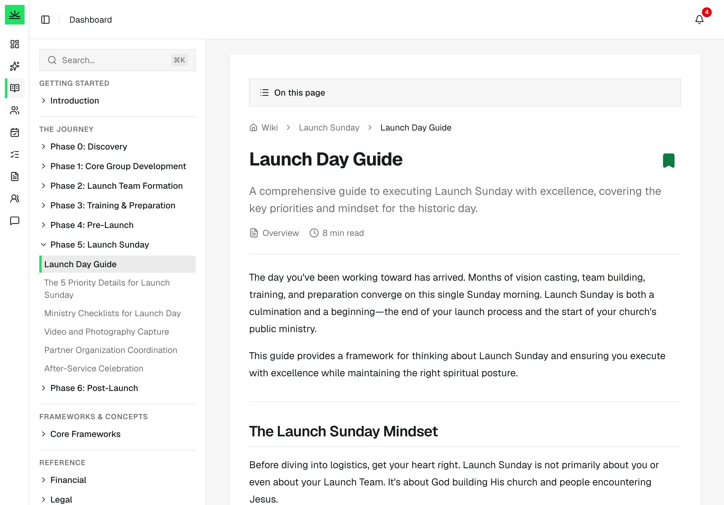 The Launch Day Guide chapter, open in the wiki with the whole journey outlined beside it.
