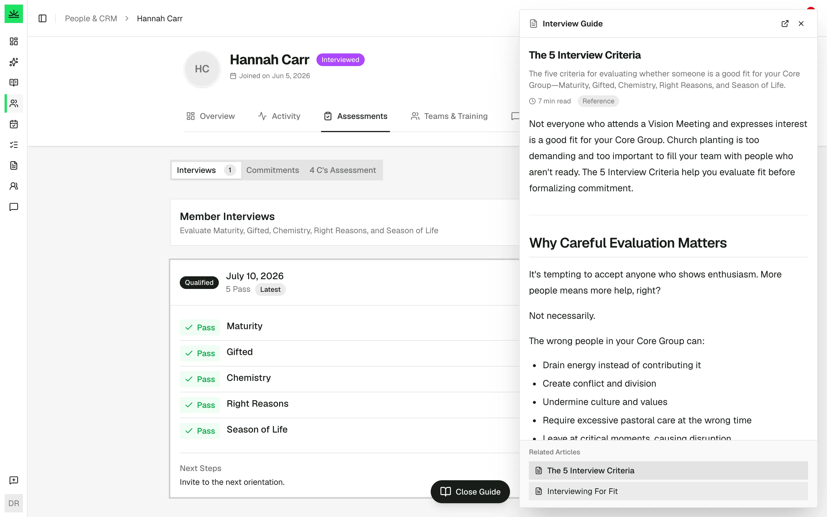 Hannah Carr's profile with the Interview Guide open beside it — her interview came back Qualified on all five criteria, and The 5 Interview Criteria is open right where the interview happens.